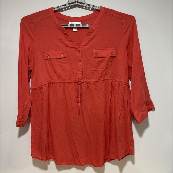 Motherhood Maternity Tops - Motherhood Maternity Cinched Empire Waist Blouse Coral Red Pockets Womens Sz 1X